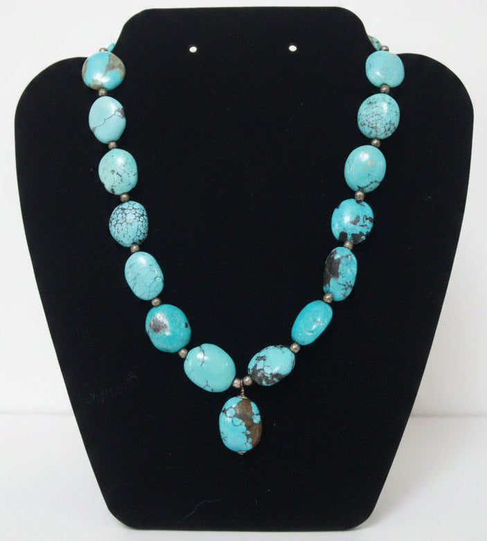 Turquoise and Silver Oval Stone Necklace