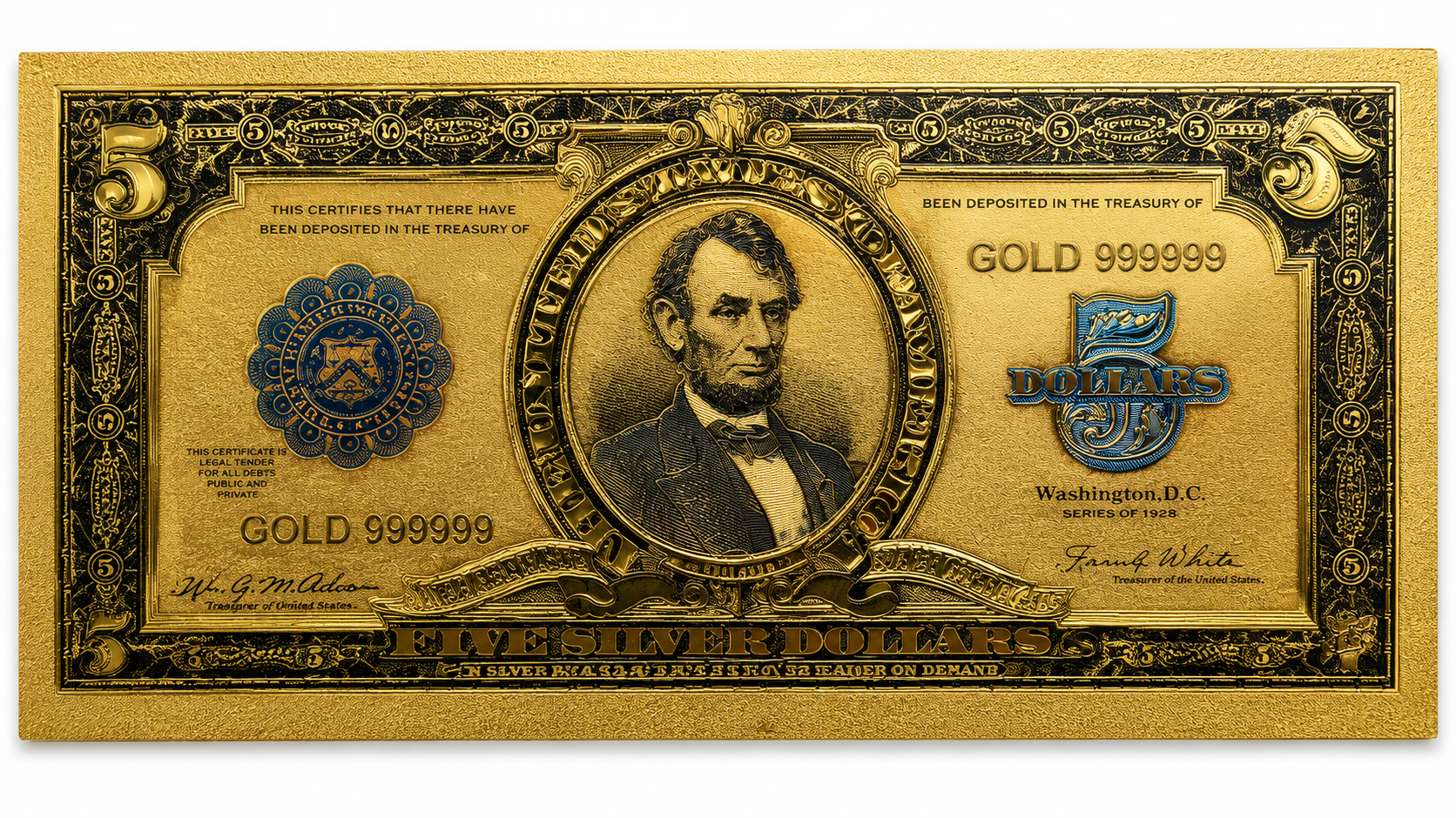 24 Karat Gold Banknote Abraham Lincoln $5 Bill
